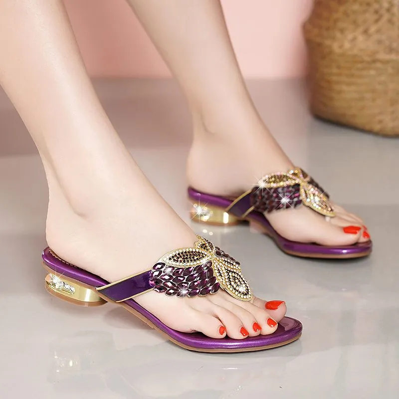 Bohemian Rhinestone Butterfly Flip Flops For Women PVC Rubber T-Strap Flat Sandals Sparkly Beach Vacation Shoes