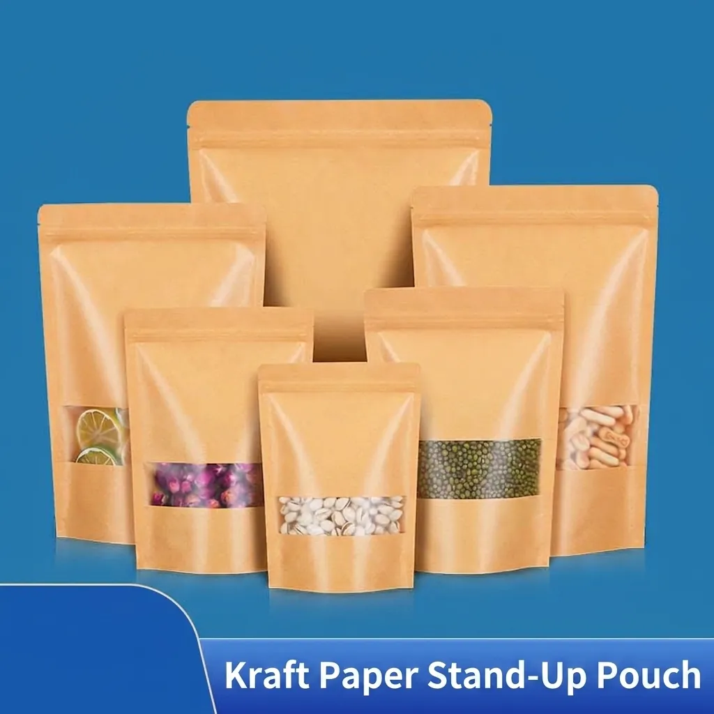 Kraft Paper Stand Up Pouch With Frosted Window Zipper Resealable Food Storage Bags For Snacks Tea Dry Fruit Coffee Packaging