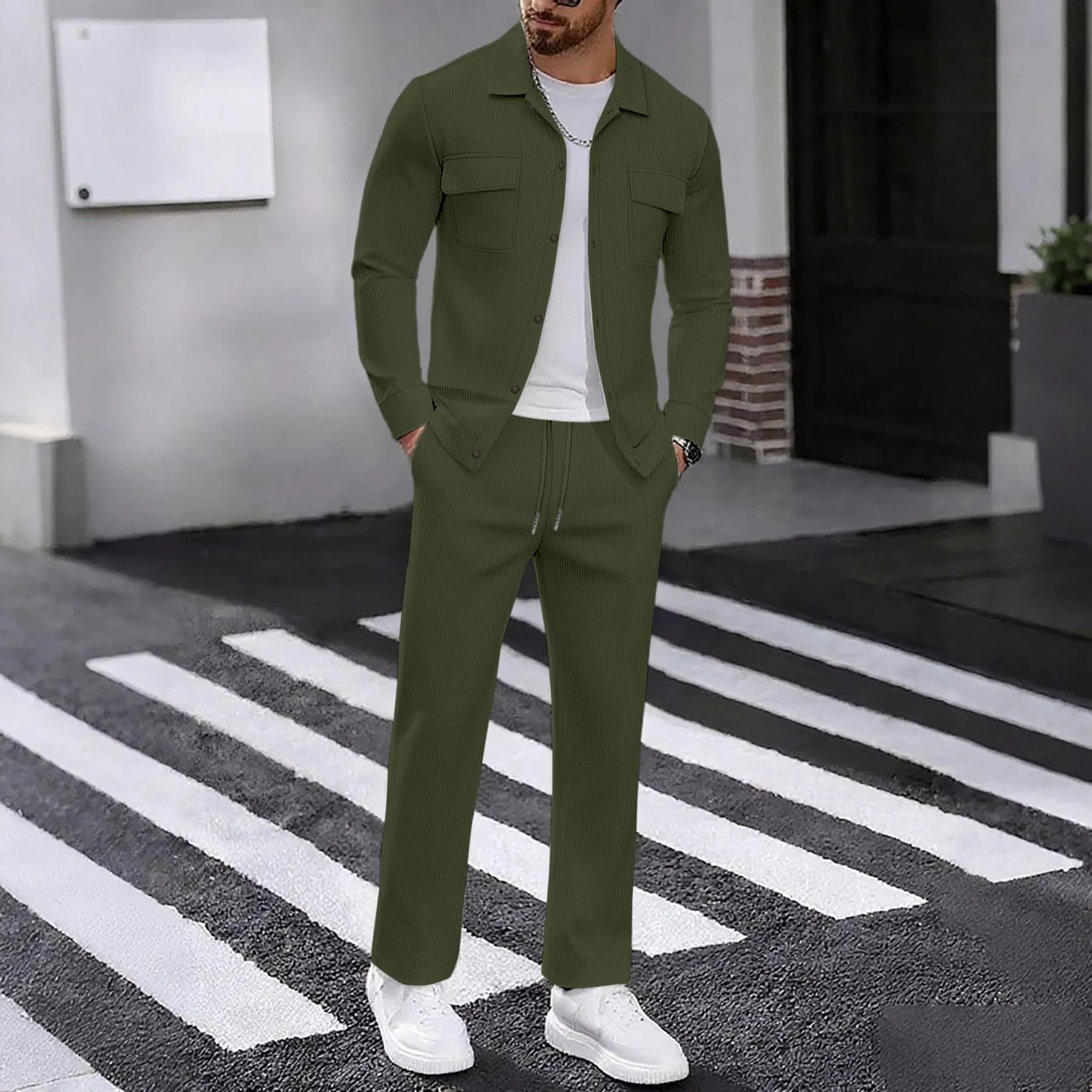 Men's Casual Corduroy Two Piece Set Solid Color Long Sleeve Lapel Shirt And Pants Top And Bottom Fashion Leisure Suit