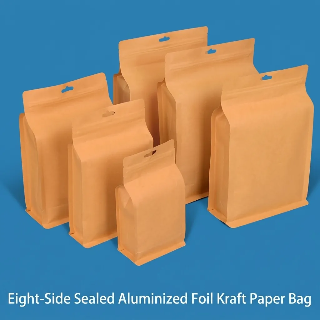 Octagonal Seal Kraft Paper Bag Aluminum Foil Lined Resealable Zipper Storage Pouch Food Grade Moisture-proof Tea Snack Bag