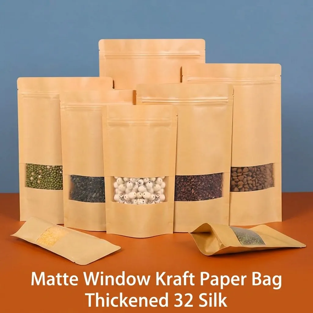 Bolsas Autoportantes de Papel Kraft Espesado Ventana Esmerilada Bolsas de Cierre de Cremallera Reutilizables para Alimentos Nueces Café Té Bolsas de Almacenamiento Cocina Embalaje