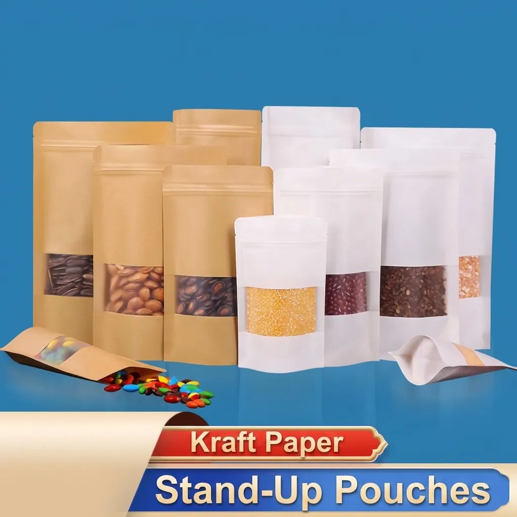 Kraft Papier Stand Up Zak Met Mat Venster Zelfsluitend Vochtbestendig Voedselverpakking Opbergzak Voor Thee Noot Snack