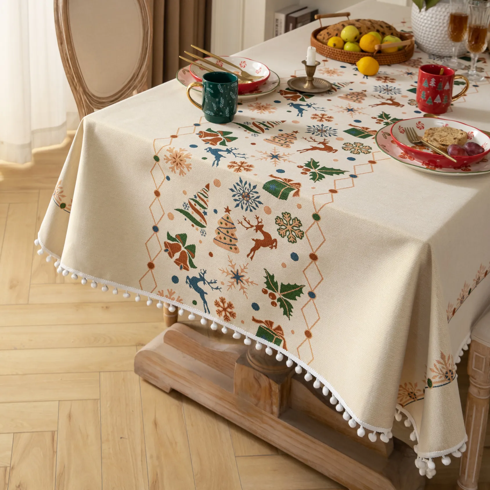 Tovaglia Natalizia Con Motivo a Renna e Fiocco di Neve Jacquard Tinto in Filo Beige Rettangolare Copritavolo Con Frangia Pom Pon