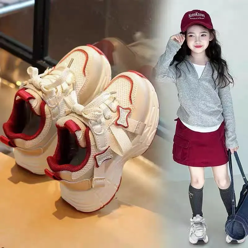 Girls Breathable Sneakers 2025 Spring Autumn Mesh Casual Non-slip Dad Shoes Big Kids Fashion Running Shoes With Star Decor