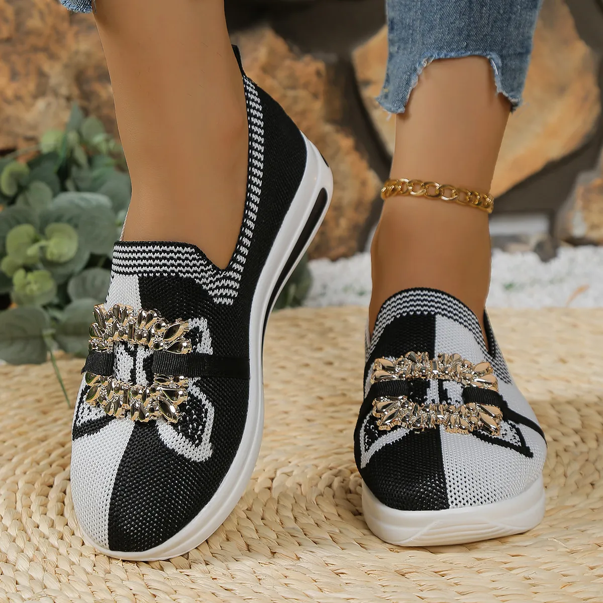 Mocasines de Punto Flyknit para Mujer Transpirables Zapatos Deportivos Casuales Planos Con Hebilla de Metal y Diamantes de Imitación