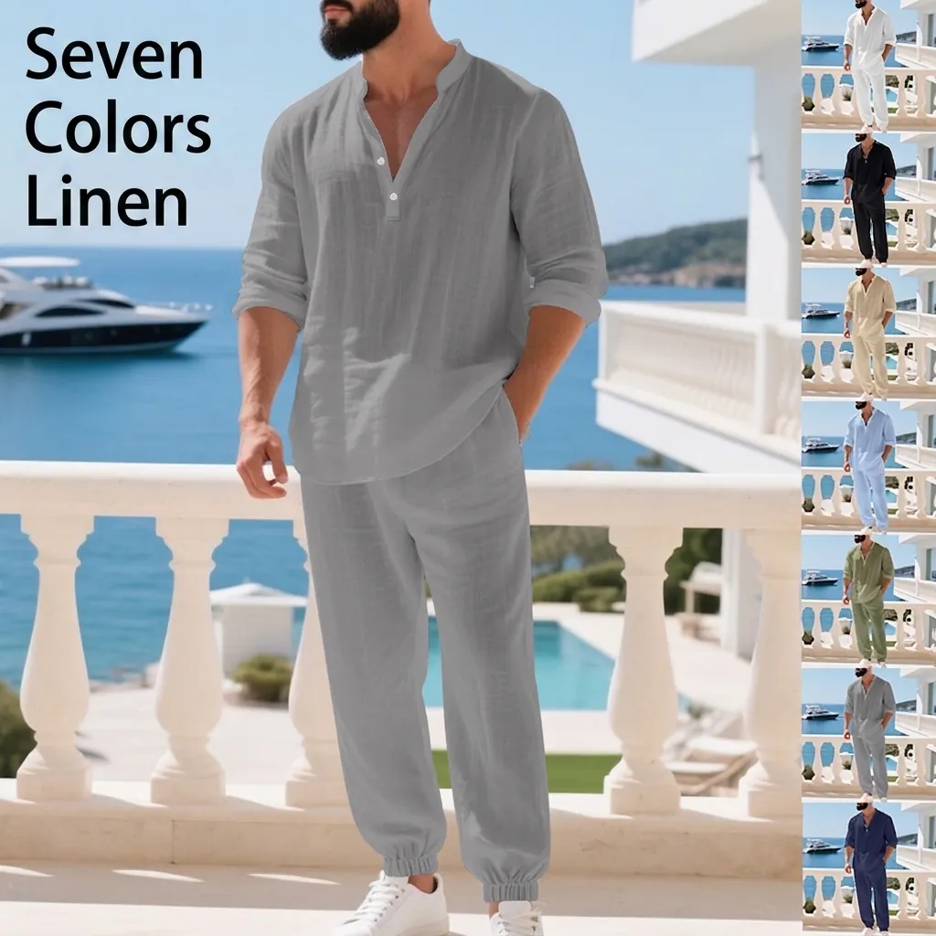 Men Casual Linen Henley Shirt Long Sleeve Top And Bottom Matching Outfits Solid Color Beach Vacation Loungewear