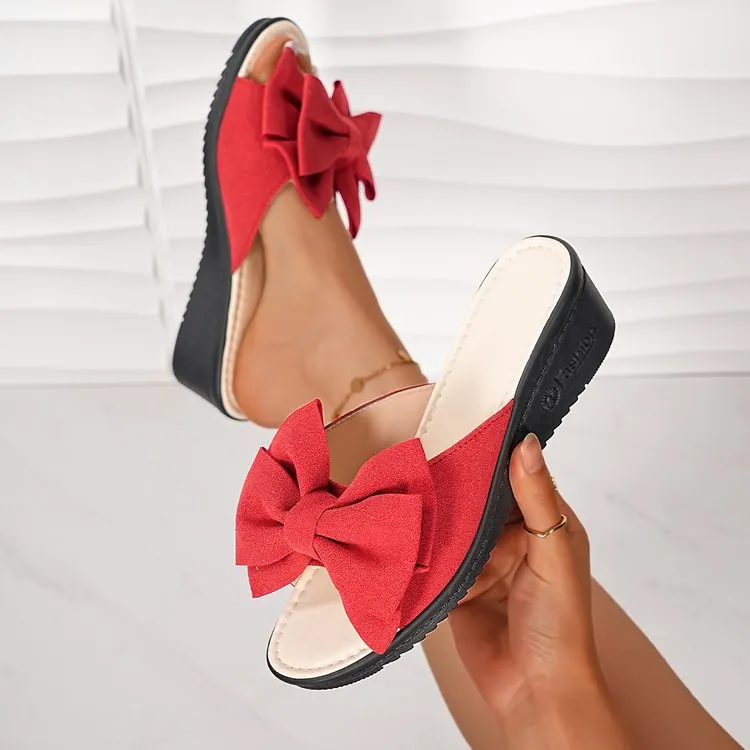Sandales à Talon Compensé avec Nœud pour Femmes Été Mode en Cuir PU Semelle en Caoutchouc Mules Minimalistes Grandes Tailles
