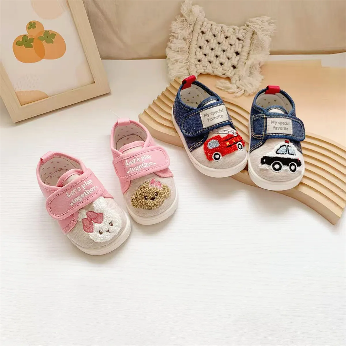 Baby Walking Shoes Cartoon Towel Embroidery Soft Sole Anti Slip Toddler Canvas Sneakers Hook And Loop Cotton Shoes For Kids