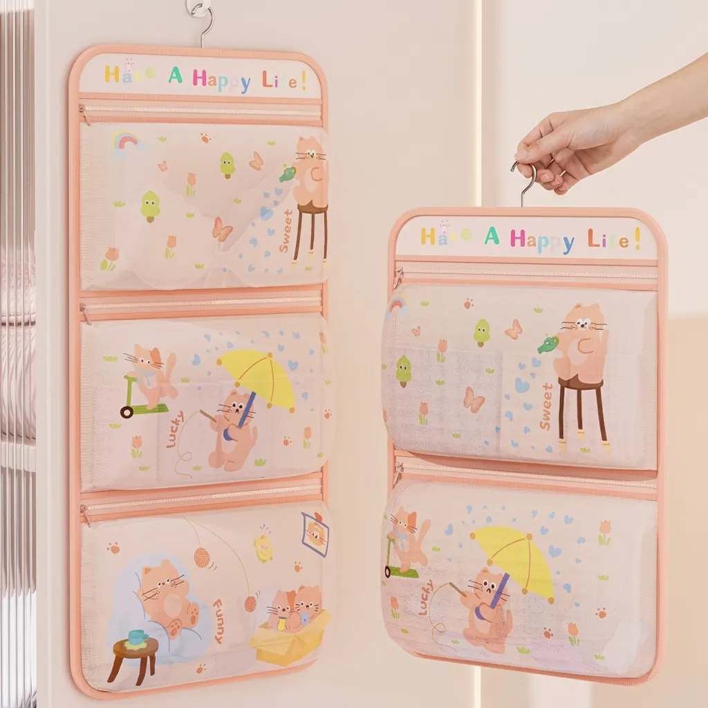 Hanging Underwear Storage Bag Closet Wall Door Mesh Organizer For Socks Bras Panties Cartoon Cat Printed Multi-Layer Space Saving Wardrobe Storage Pouch