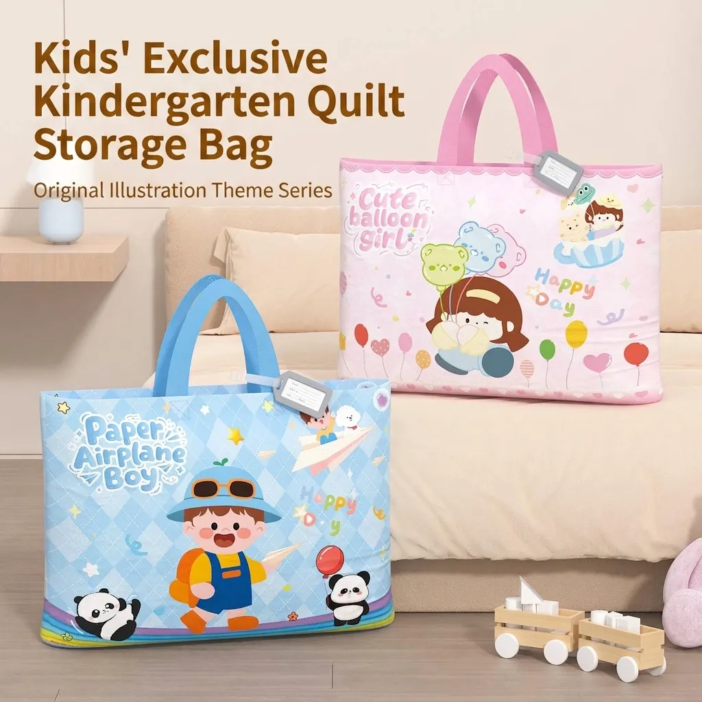 Kindergarten Quilt Storage Bag Large Capacity Oxford Cloth Waterproof Comforter Organizer With Name Tag Cartoon Handbag