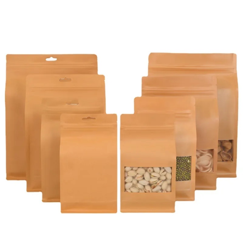 Kraft Paper Food Packaging Bag Octagonal Stand Up Zip Lock Frosted Window Aluminized Interior Thickened Moisture Proof Resealable Pouch For Dry Fruit