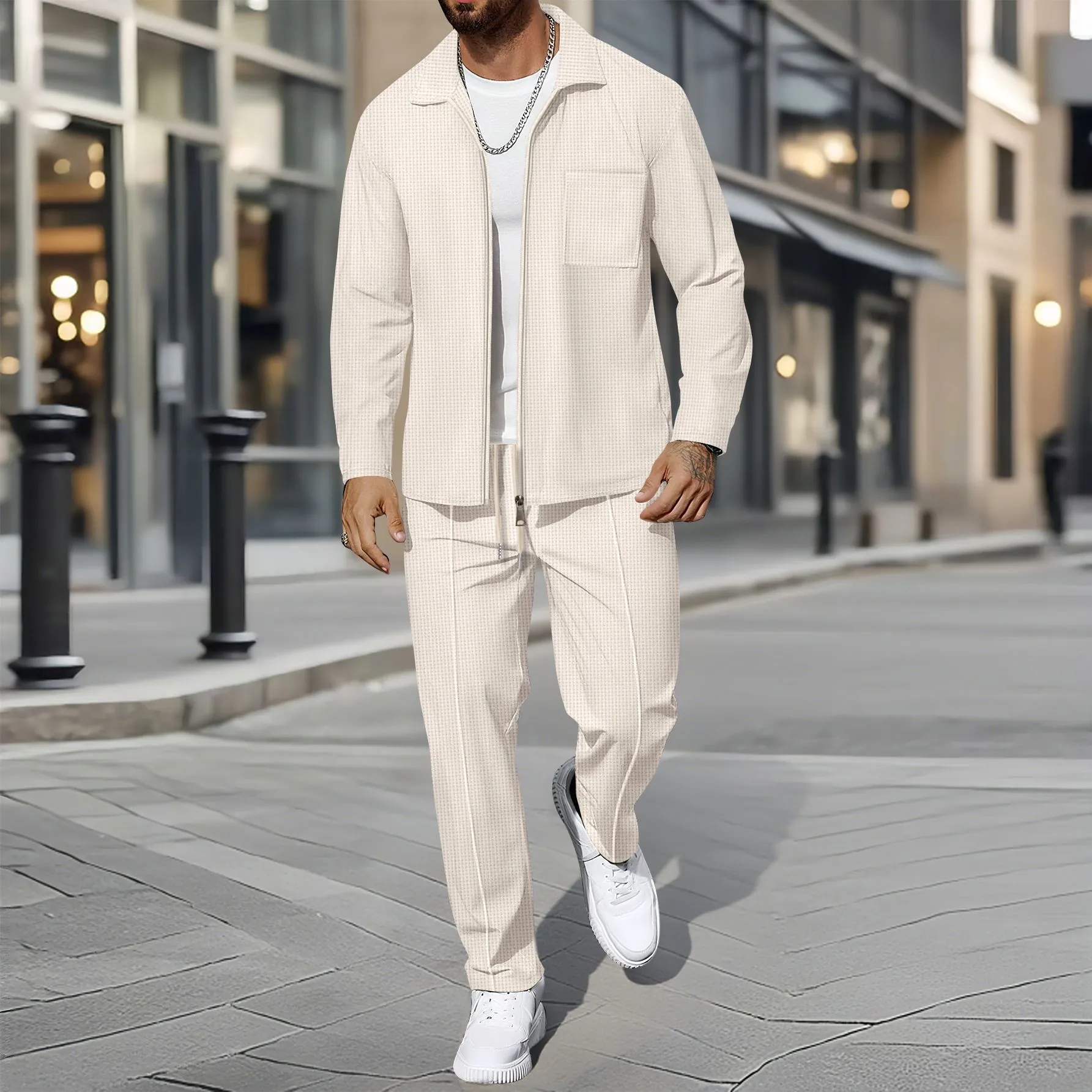 Men's Autumn Waffle Knit Casual Suit Set Lapel Zipper Cardigan Jacket Slim Fit Trousers Top And Bottom Polyester Outdoor Smart Clothing