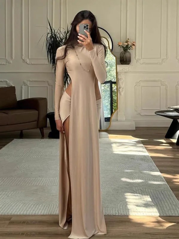 Ensemble Deux Pièces Femme Sexy Couleur Unie Manches Longues Col Rond Top Avec Découpe Et Jupe Ajustée Avec Fente Haute