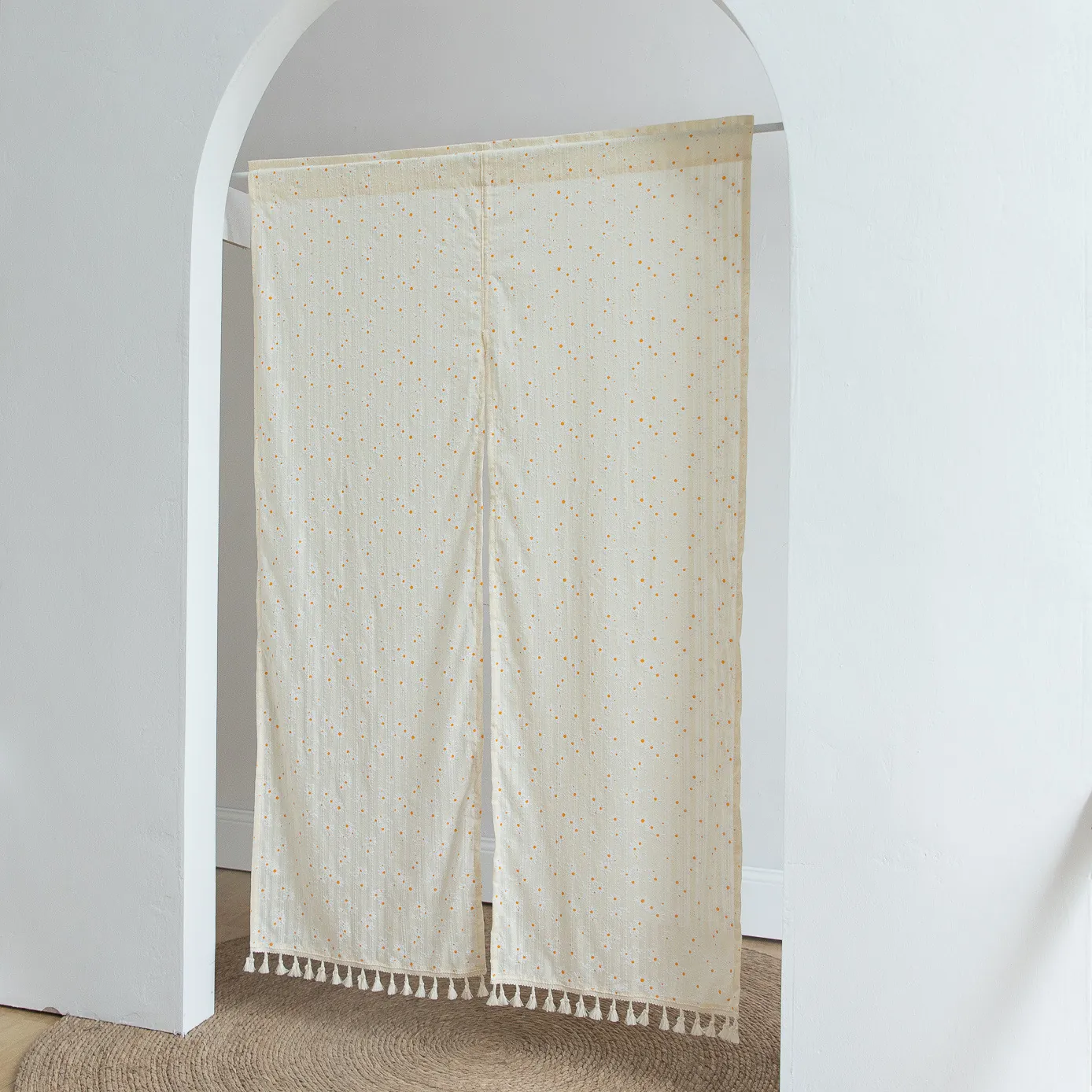 Japanese Style Cotton Door Curtain Daisy Polka Dot Print Embroidered Noren Tension Rod Drill-Free Room Divider For Living Room Bedroom Kitchen Home Decor