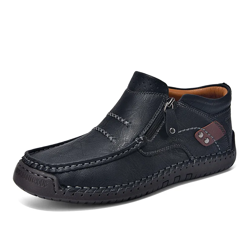 Heren Casual Hoge Schoenen Zijrits Microvezel Leer Handgestikt Slip-on Platte Sneakers Voor Herfst Outdoor Grote Maten
