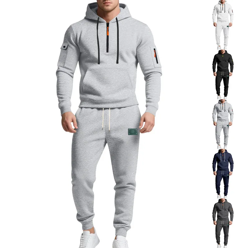 Men's Heavyweight Fleece Hooded Tracksuit Top And Bottom Loose Workwear Casual 1/4 Zip Hoodie Joggers Set Winter Sportswear