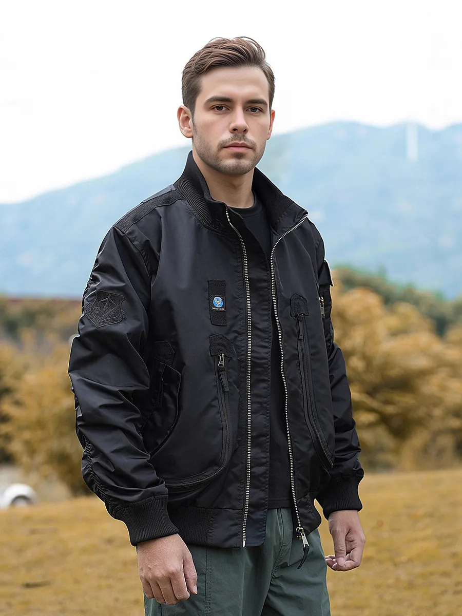 Men's Tactical Flight Bomber Jacket Stand Collar Windproof Nylon Outerwear Coat With Patches Multi-Pockets Casual Baseball Uniform