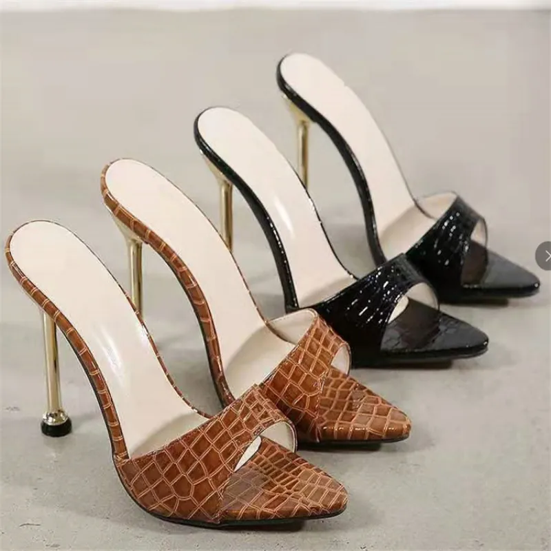 Women Sexy Pointed Toe Stiletto Heel Mules Snake Crocodile Pattern Animal Print Sandals Party Banquet High Heels Shoes