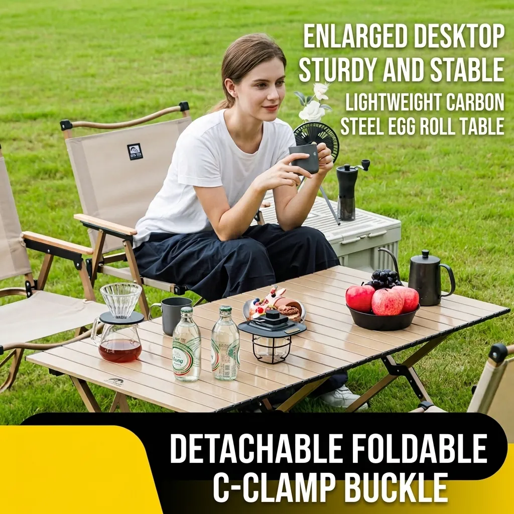 Portable Carbon Steel Folding Camping Table Set With Chairs Wood Grain Outdoor Picnic BBQ Stable Furniture