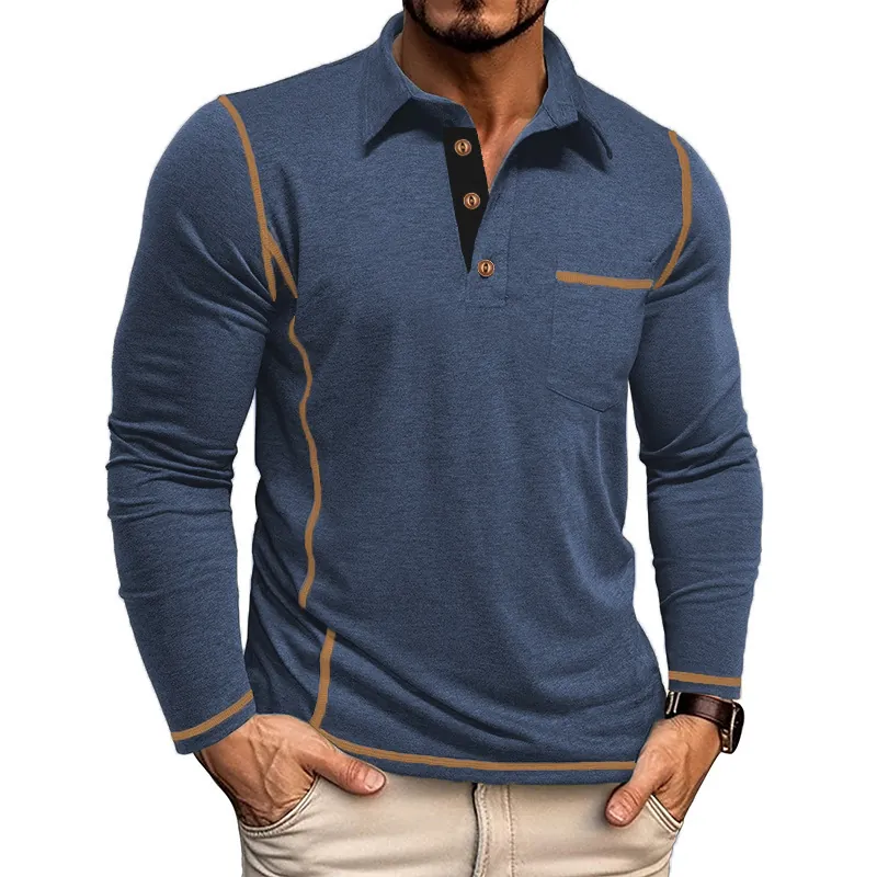 Heren Polo Met Lange Mouwen Contraststiksel Slim Fit Revers Top Casual Mode Stedelijke Stijl Polo Met Borstzak