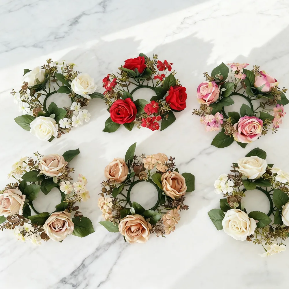 Artificial 3-Head Rose Wildflower Candle Ring Wreath Silk Plastic Valentine's Day Halloween Home Table Decor Floral Centerpiece