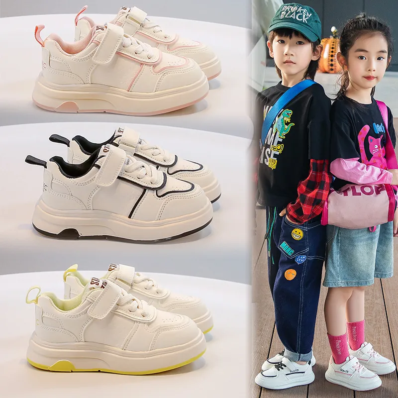 Sneaker alla Moda per Bambini in Pelle PU Traspirante Scarpe Bianche Casual con Chiusura a Strappo Suola in Gomma Antiscivolo