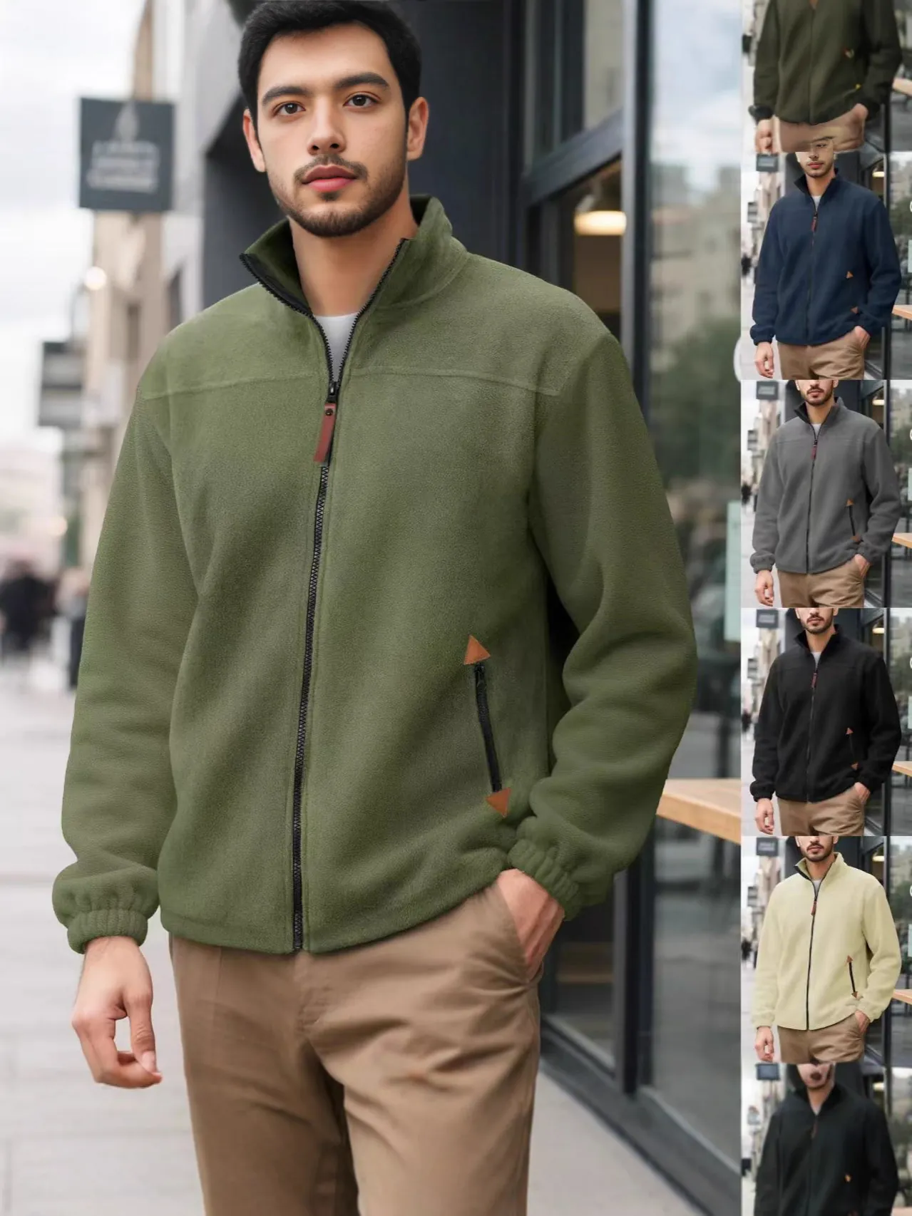 Men's Warm Polar Fleece Jacket Full Zipper Stand Collar Outdoor Casual Sweatshirt Solid Color Fleece Lined Winter Outwear Top