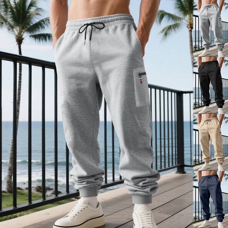 Men's Heavyweight Cargo Sweatpants Joggers With Zipper Pockets Casual Solid Drawstring Tapered Pants For Autumn Winter