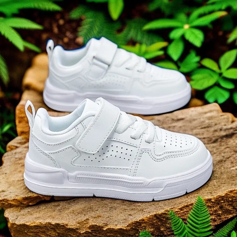 Kids Casual White Board Shoes Cowhide Leather Breathable Sneakers Hook And Loop Non Slip Flat Shoes For Boys Girls Daily