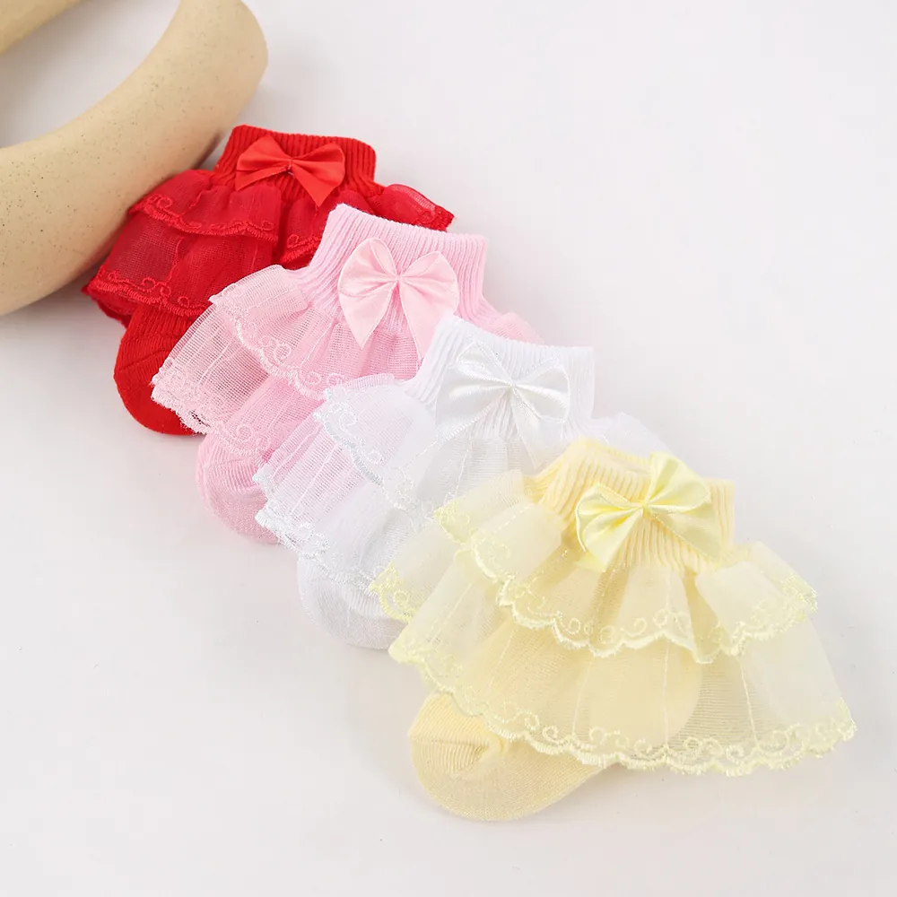 Chaussettes de Princesse à Dentelle et Nœud pour Bébés Filles Coton Doux Respirant Chaussettes de Robe à Volants pour Fête