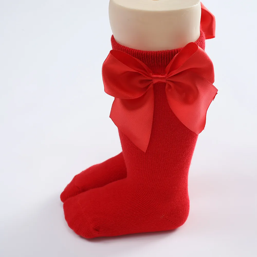 Spanish Style Baby Girls Mid Calf Socks Combed Cotton Large Satin Bow Knee High Solid Color Autumn Winter Warm Socks