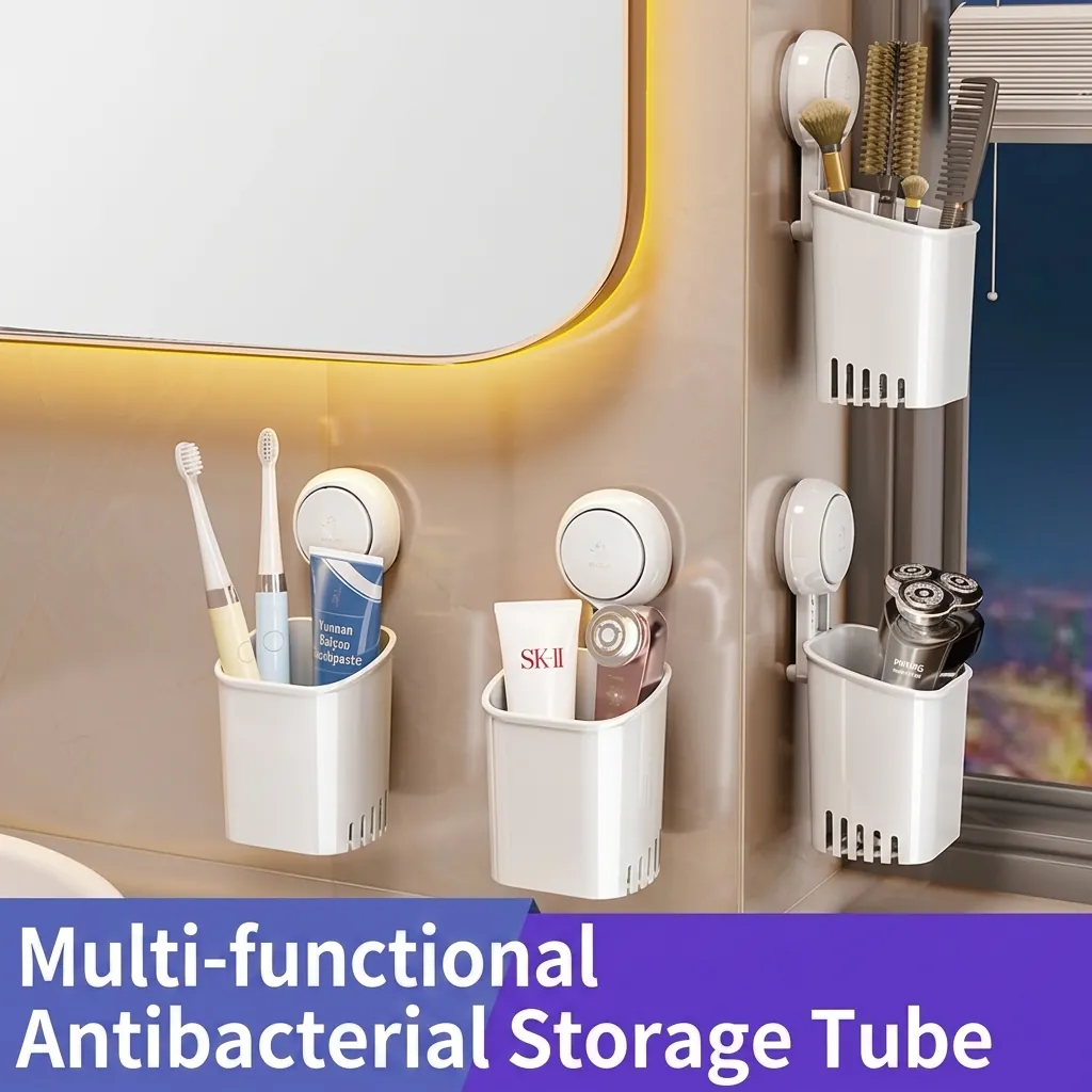 Wall Mounted Suction Cup Toothbrush Holder Punch Free Bathroom Storage Rack Plastic Water Drainage Organizer Toothpaste Shaver Cup For Toilet Bedroom Kitchen