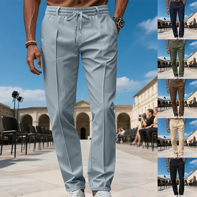 Men's Business Casual Chinos Slim Fit Solid Color Polyester Pants With Drawstring Elastic Waist Straight Leg Trousers
