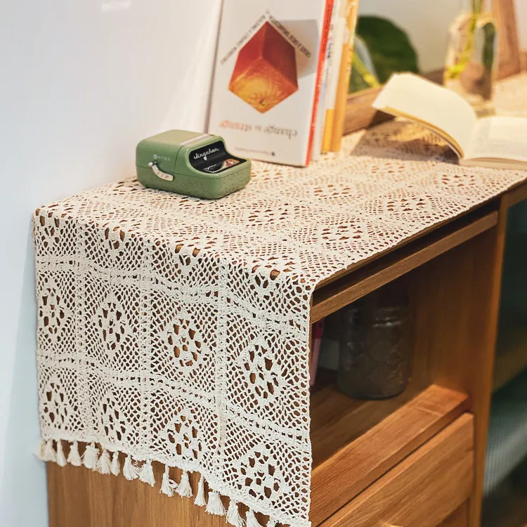 Vintage Hollow Lace Crochet Table Runner With Tassels Off-white Cotton Blend Tablecloth For Dining Table Entryway Cabinet Decor