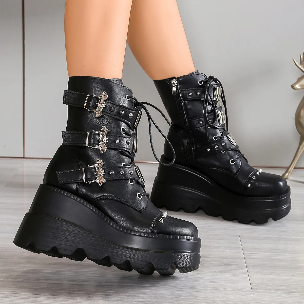 Women Gothic Punk Martin Boots Platform Bat Buckle Studded Ankle Boots Thick Sole PU Leather Side Zipper Lace-up Boots