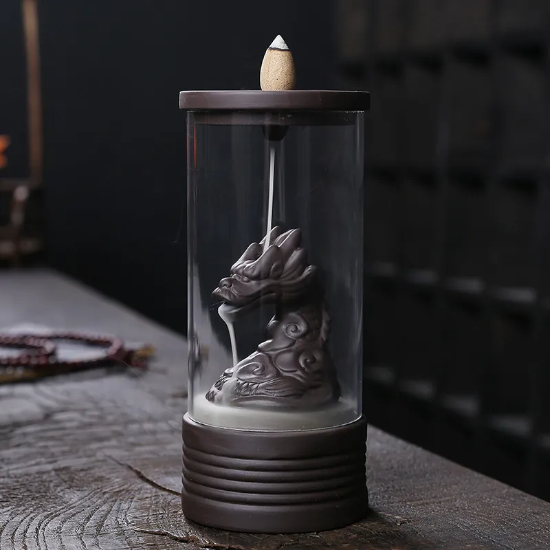 Quemador de Incienso de Reflujo de Dragón Vintage Con Cubierta de Vidrio a Prueba de Viento Incensario de Arcilla Púrpura de Dragón Decoración Zen para el Hogar Regalo de Aromaterapia