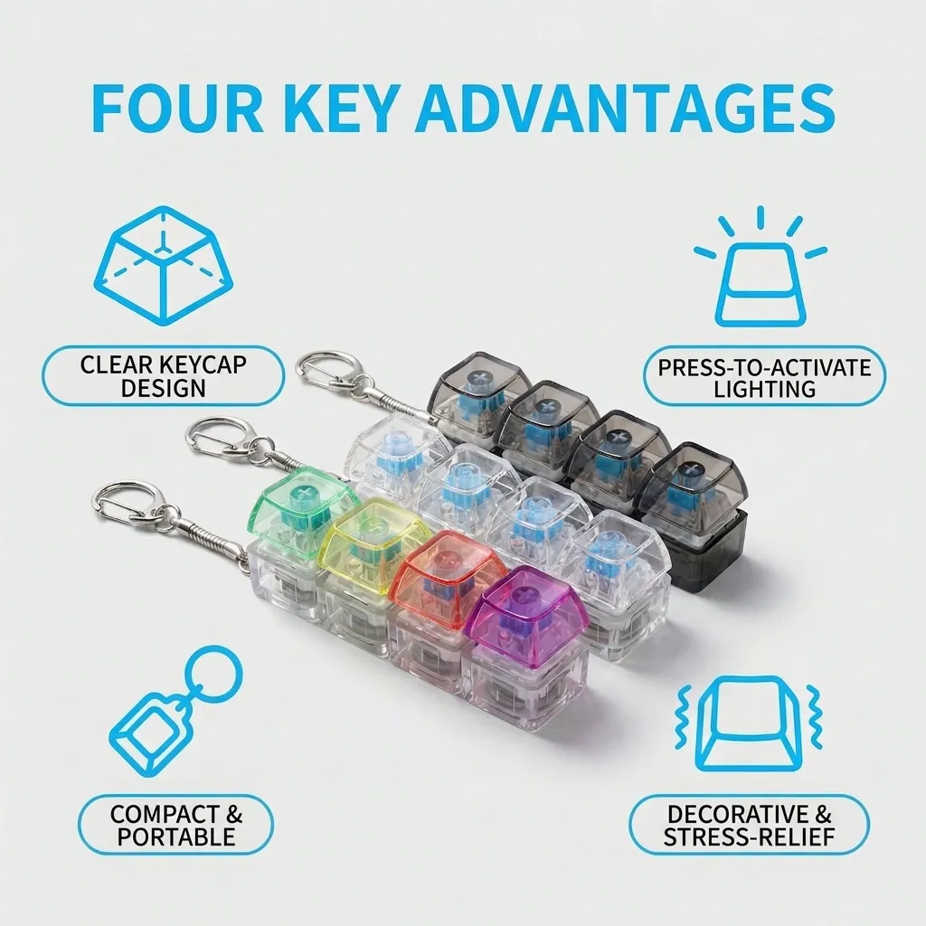 4-Key Mechanical Keyboard Switch Keychain High Transparency PC Stress Relief Toy LED Light Up Linear Fidget Keychain For Office School Gift