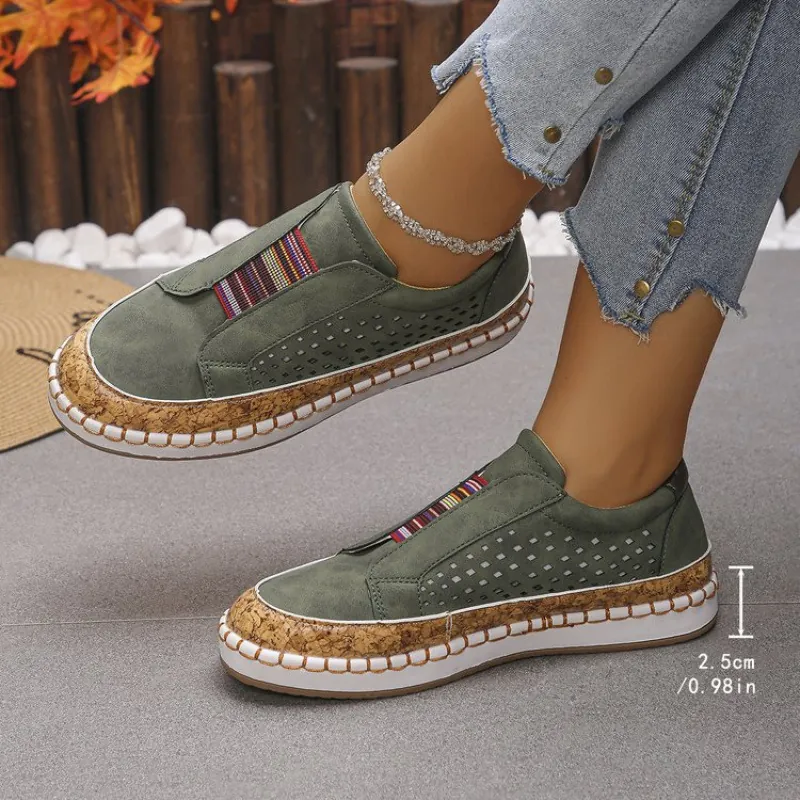 Zapatos Planos Casuales para Mujer a Rayas de Arcoíris Calados Transpirables Sin Cordones Mocasines Talla Grande Suela de Corcho Cómodos