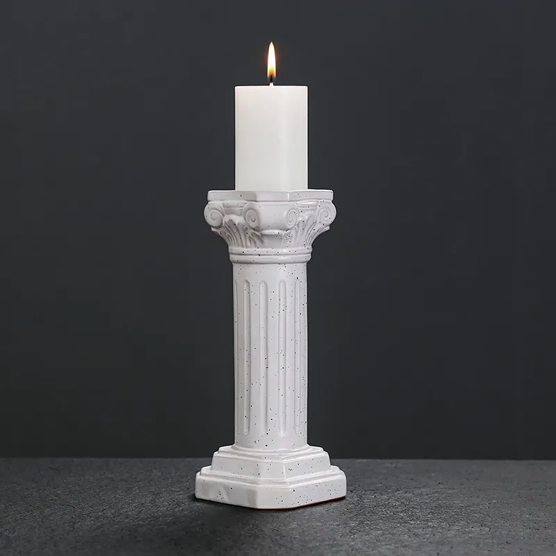 European Ceramic Roman Column Candlestick Retro Speckled White Pillar Candle Holder For Home Wedding Christmas Party Decor