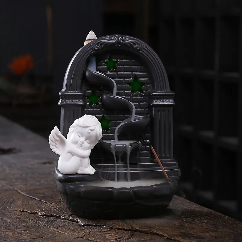 European Style Cupid Backflow Incense Burner Ceramic Angel LED Light Smoke Fountain Incense Holder Home Office Desktop Decor