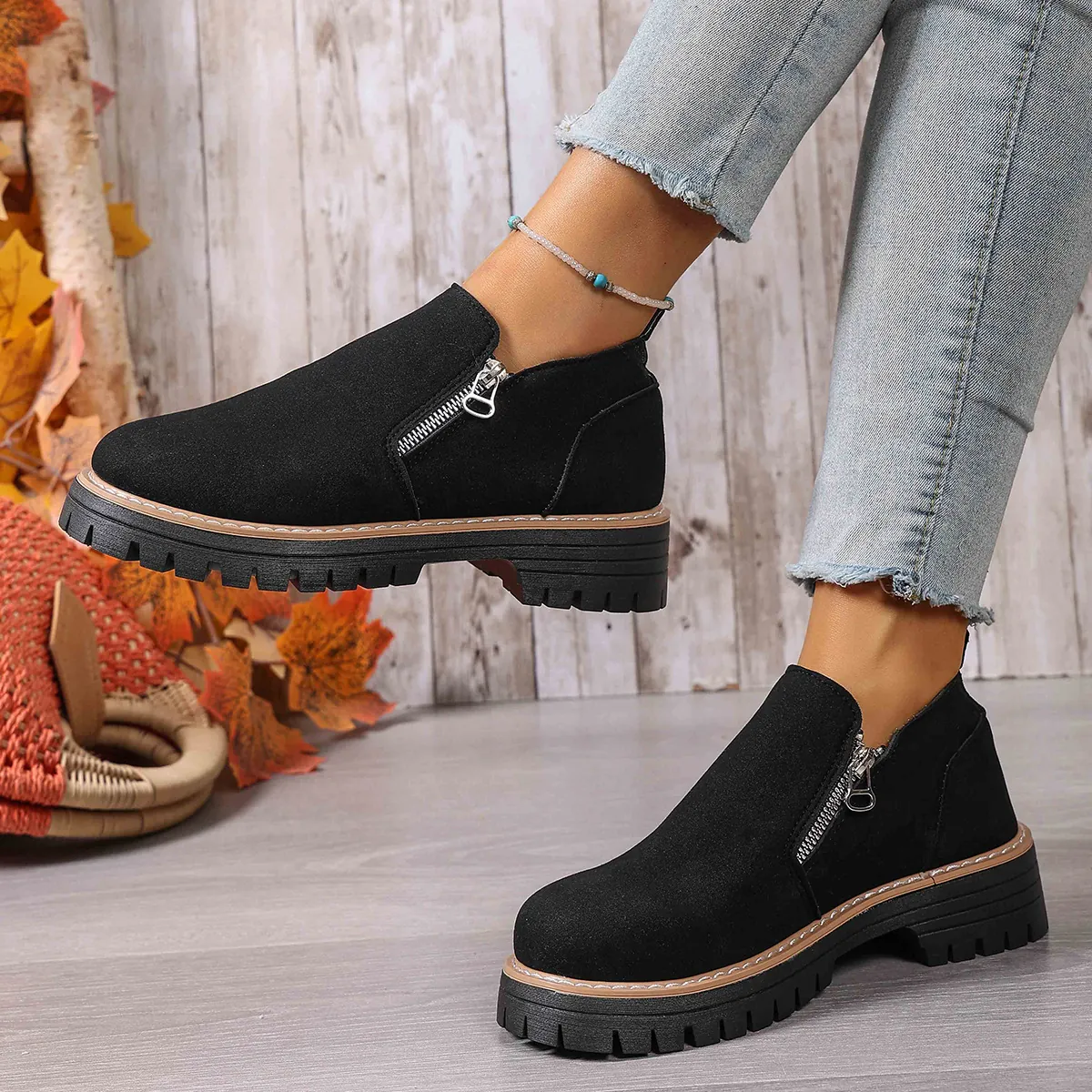 Women Casual Round Toe Chunky Heel Loafers Side Zipper Thick Sole PU Leather Autumn Winter Slip On Shoes Outdoor Walking Footwear