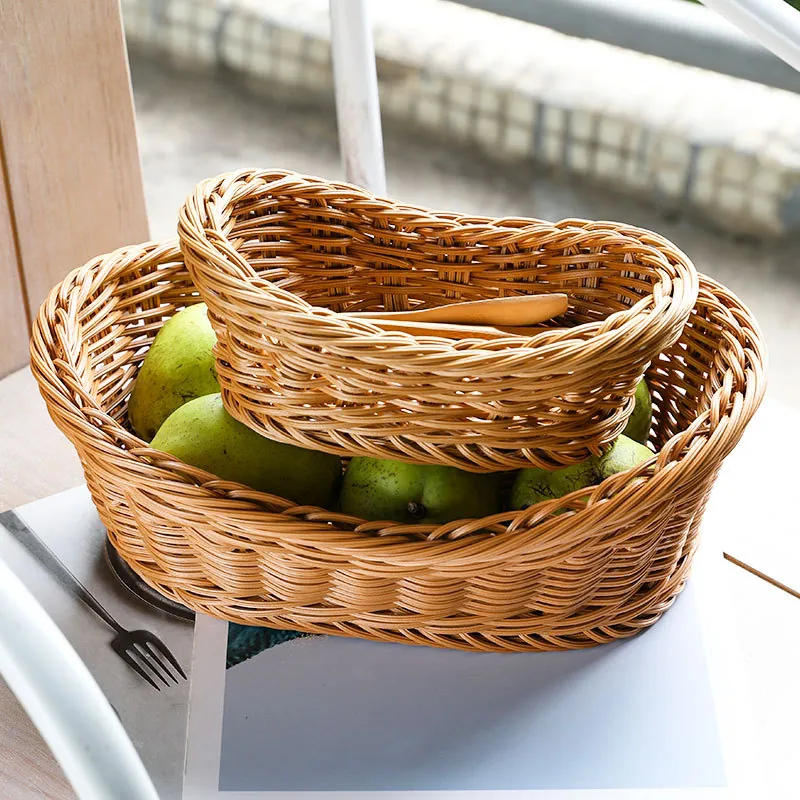 Imitation Rattan Woven Fruit Basket Brown Ingot Shaped Plastic Storage Tray Bread Dessert Plate For Kitchen Living Room Tabletop Decor