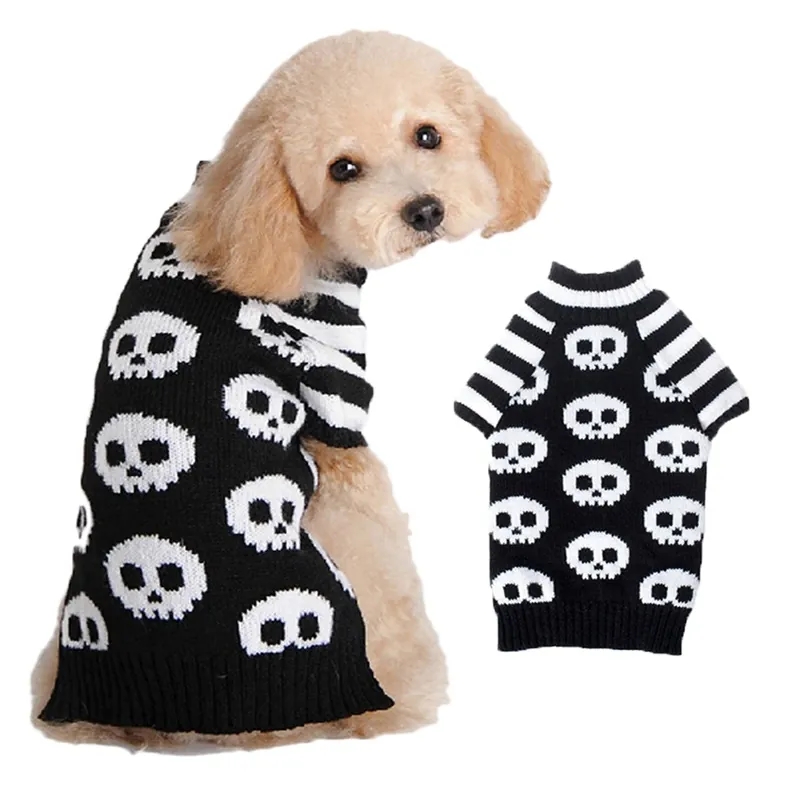 Suéter de Halloween para Perro Gato Calavera Mangas a Rayas Ropa de Punto para Cachorros Atuendo Cálido de Invierno Festivo