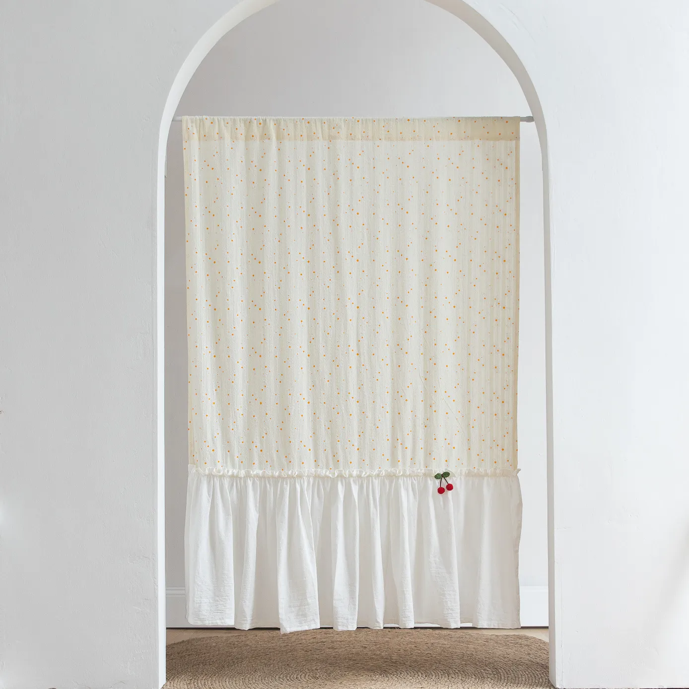 Artistic Pure Cotton Door Curtain Japanese Style Daisy Polka Dot Print With Cherry Pendant Ruffle Trim Rod Pocket Fabric Partition Curtain