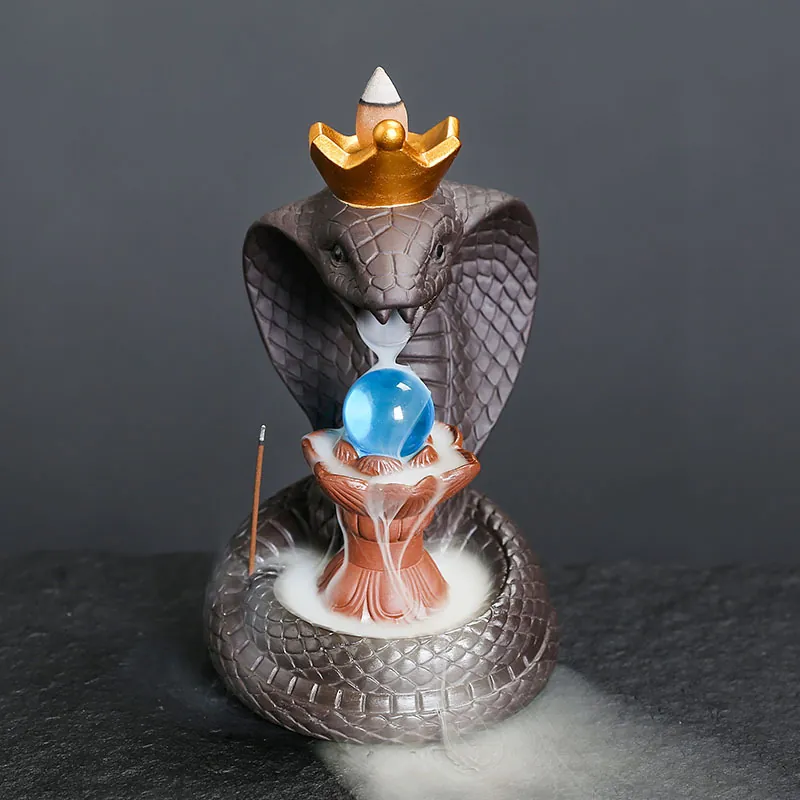 Creative Purple Sand Cobra Snake Backflow Incense Burner With Golden Crown Ganesha Buddha Statue Zen Home Aromatherapy Decor Ornament