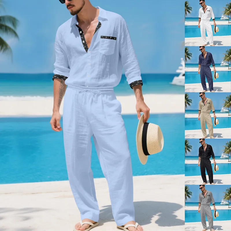 Men Casual Linen Blend Top And Bottom Set Old Money Style Long Sleeve Shirt And Pants Breathable Resort Vacation Outfit