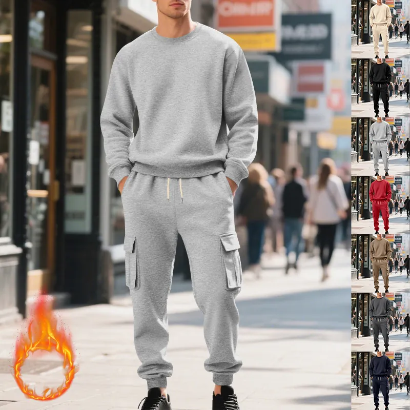 Heren Zwaargewicht Fleece Gevoerd Top And Bottom Sweatshirt Trainingsbroek Cargo Zakken Effen Ronde Hals Casual Sportief Kleding Pak