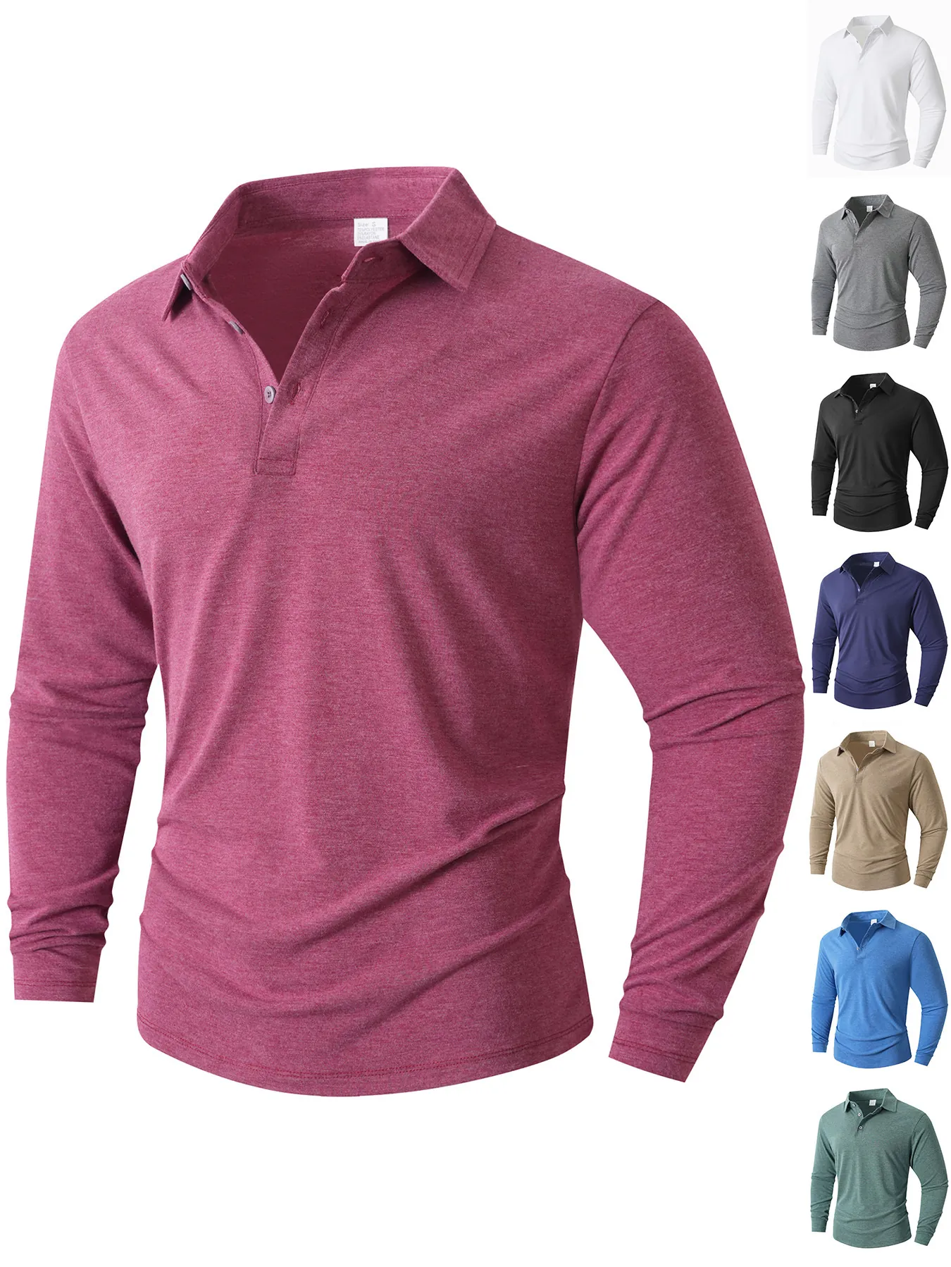 Polo a Manica Lunga da Uomo Casual Slim Fit Colletto Rovesciato Tinta Unita Misto Poliestere Top Outdoor Sport Tempo Libero