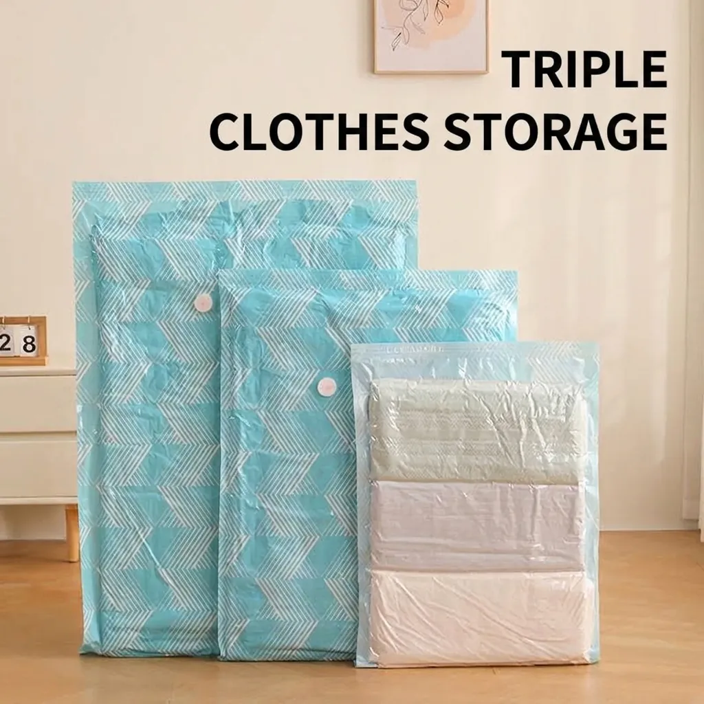 Vacuum Compression Storage Bags For Clothes Blankets Pillows Thickened PET PE Compression Bag Blue Chevron Pattern Home Organization