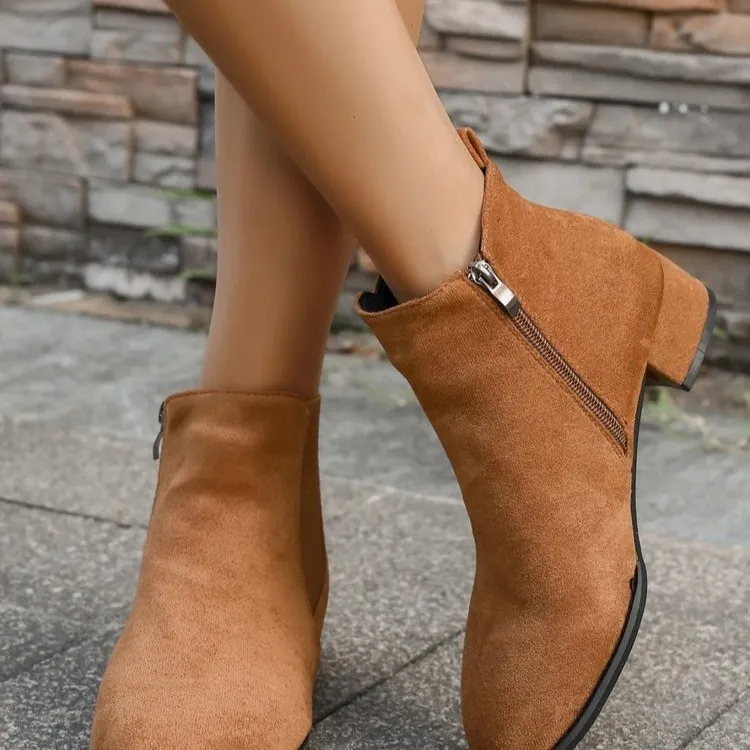 Dames Ronde Neus Blokhak Enkellaarsjes Suède Zijrits Chelsea Mode Korte Laarzen Casual Schoenen Herfst Winter Effen Kleur